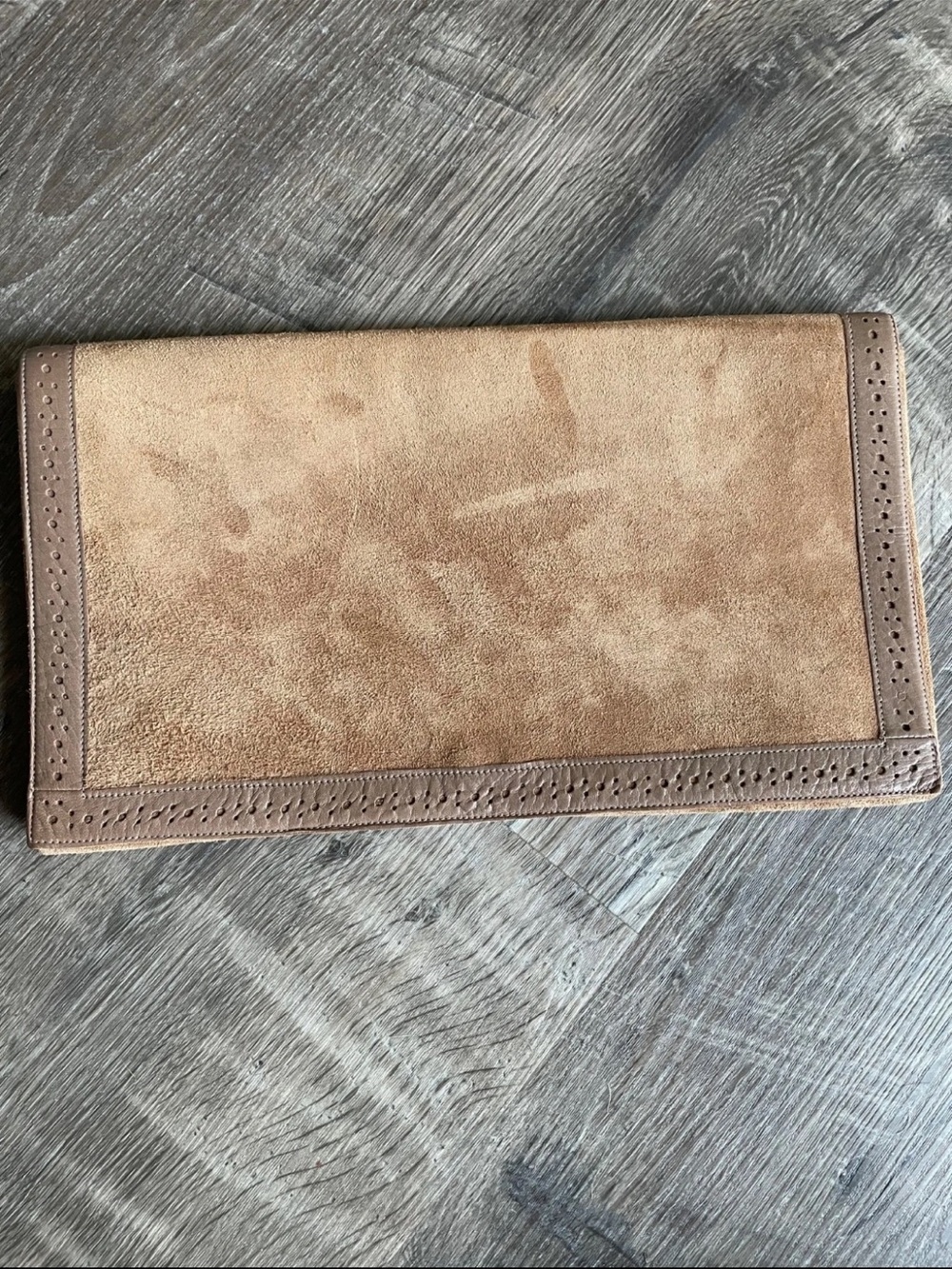 Mulberry Suede Clutch in Light Brown with Dark Brown Trim